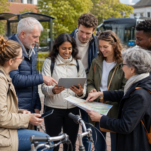 Gruppe von Menschen mit Karten und Tablets
