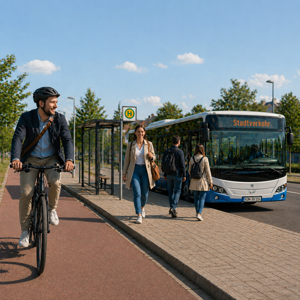 Radfahrer und Menschen an einer Bushaltestelle